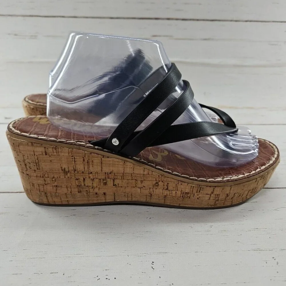 Sam‎ Edelman Sandals Womens 11 Black Rasha Comfort Strappy Cork Wedge Slip On